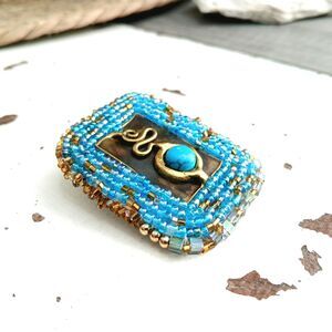 Upcycled Beaded Embroidery Brooch, Bronze Howlite Accessories, 2"